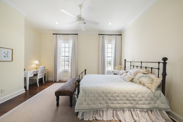 31 Southern Crescent Ct, The Woodlands, TX 77380 - bedroom featuring crown molding, wood finished floors, baseboards, recessed lighting, and a ceiling fan