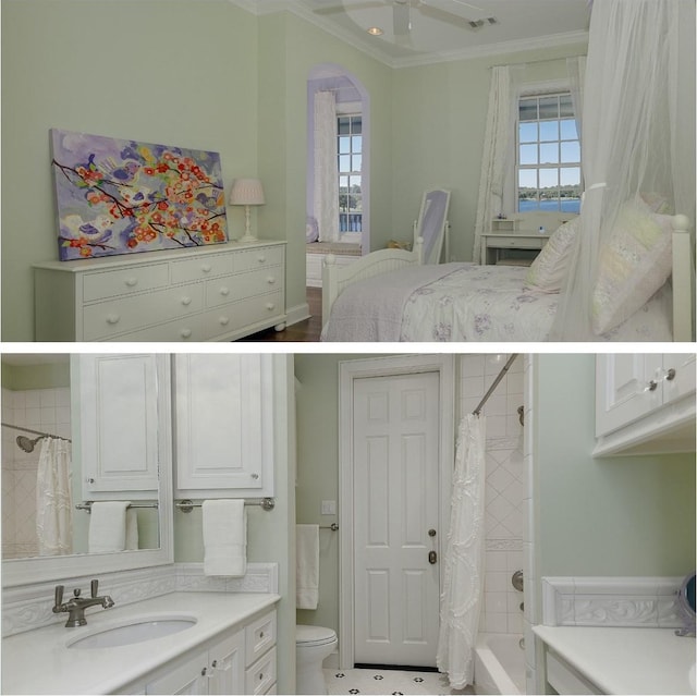 31 Southern Crescent Ct, The Woodlands, TX 77380 - full bathroom with crown molding, vanity, healthy amount of natural light, toilet, and shower / bath combo