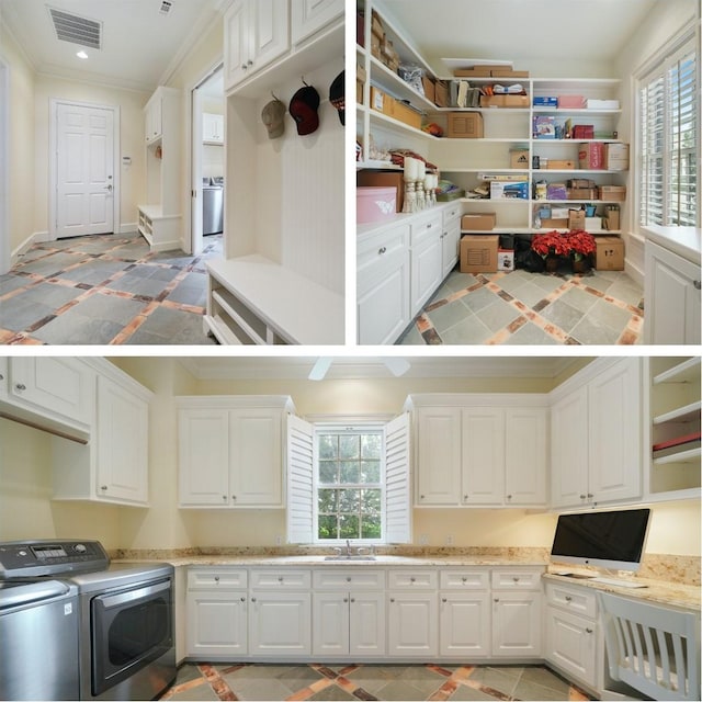 31 Southern Crescent Ct, The Woodlands, TX 77380 - laundry room with washer and dryer, cabinet space, inlaid floor details, crown molding, and recessed lighting