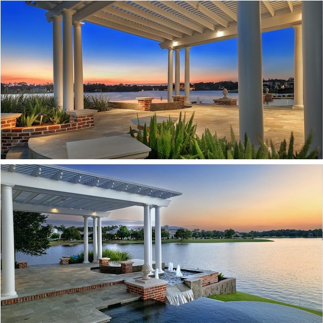 31 Southern Crescent Ct, The Woodlands, TX 77380 - patio terrace at dusk featuring a water view and a pergola