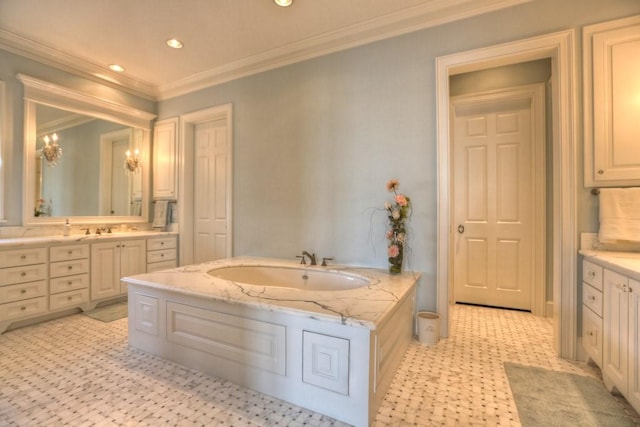 31 Southern Crescent Ct, The Woodlands, TX 77380 - bathroom with two vanities, tile patterned floors, ornamental molding, recessed lighting, and a bath