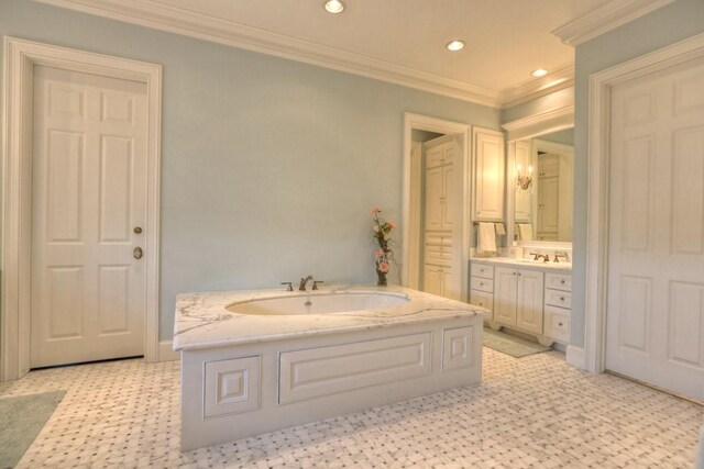 31 Southern Crescent Ct, The Woodlands, TX 77380 - full bathroom with vanity, a bath, recessed lighting, and crown molding