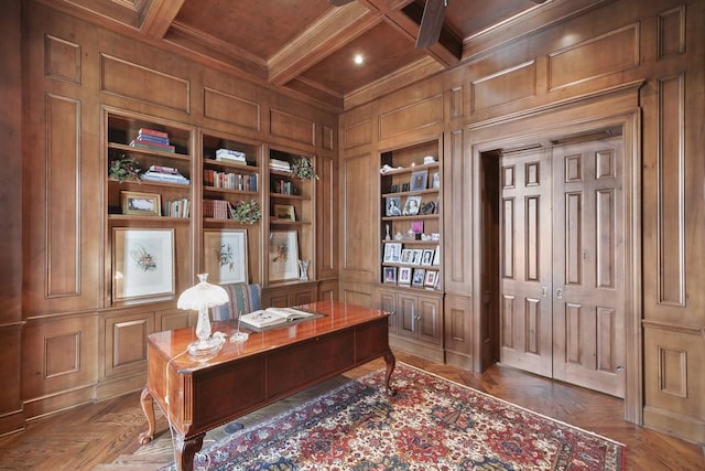 31 Southern Crescent Ct, The Woodlands, TX 77380 - office area featuring built in shelves, wooden ceiling with exposed beams, wooden walls, crown molding, and coffered ceiling