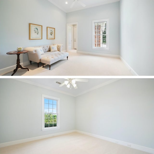 31 Southern Crescent Ct, The Woodlands, TX 77380 - interior space featuring ceiling fan, light carpet, ornamental molding, and baseboards