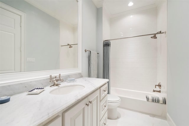 31 Southern Crescent Ct, The Woodlands, TX 77380 - bathroom with crown molding, vanity, toilet, and shower / bathtub combination with curtain