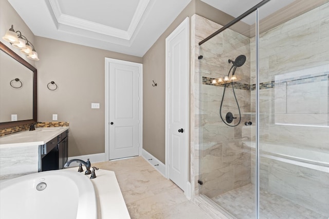 10115 Cypress Path, Missouri City, TX 77459 - full bath with vanity, a bath, a shower stall, a raised ceiling, and crown molding