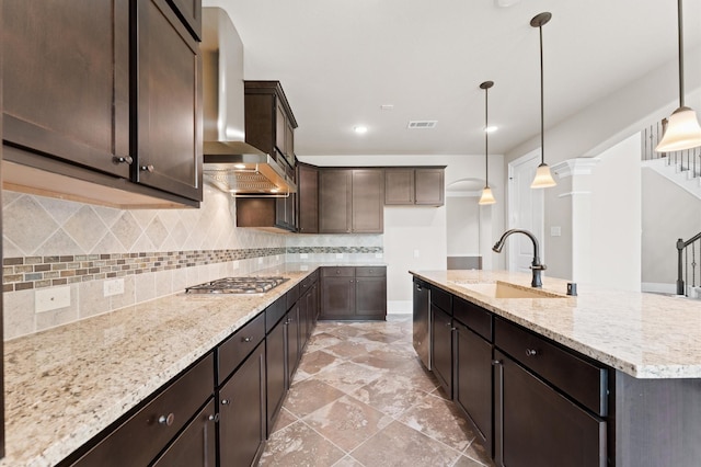 10115 Cypress Path, Missouri City, TX 77459 - kitchen with a sink, stainless steel appliances, wall chimney range hood, backsplash, and dark brown cabinetry
