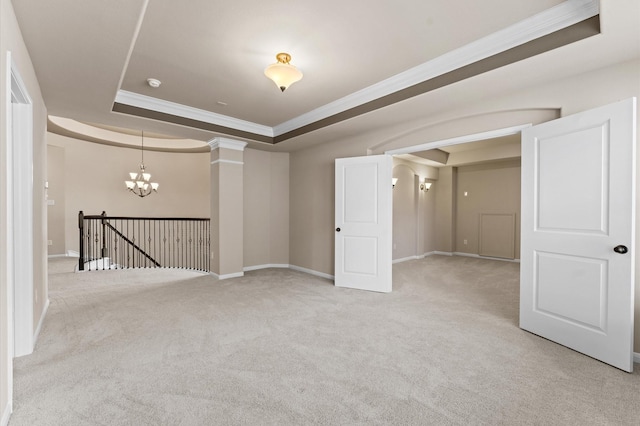10115 Cypress Path, Missouri City, TX 77459 - carpeted empty room featuring a raised ceiling, crown molding, a chandelier, baseboards, and a smoke detector