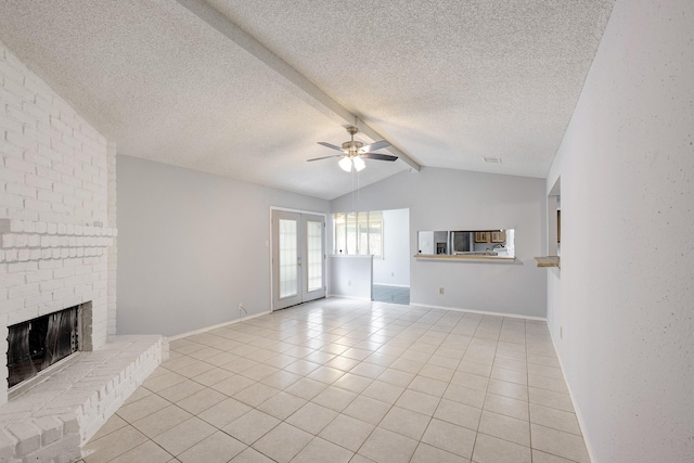3826 Brier Gardens Dr, Houston, TX 77082 - unfurnished living room featuring a ceiling fan, light tile patterned floors, a fireplace, a textured ceiling, and baseboards