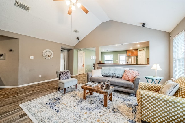 2957 Water Willow Ln, Pearland, TX 77581 - living room with wood finished floors, a ceiling fan, and high vaulted ceiling
