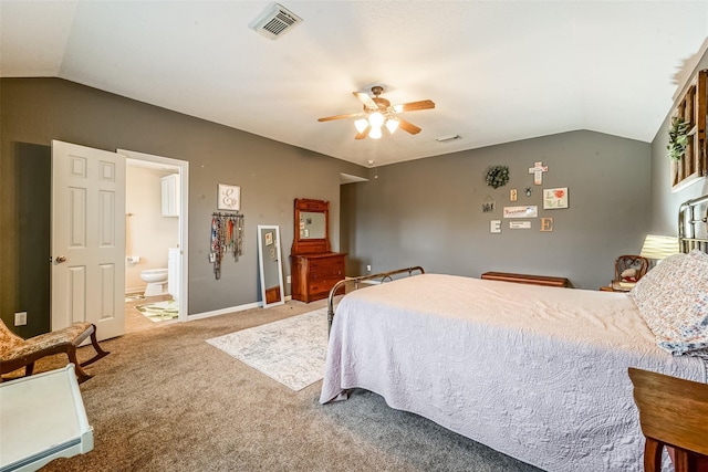 2957 Water Willow Ln, Pearland, TX 77581 - carpeted bedroom with lofted ceiling, connected bathroom, and a ceiling fan