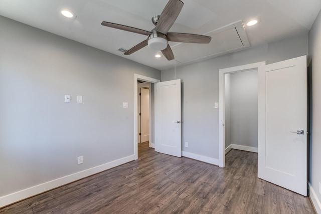 12100 Melville Dr Unit 606, Montgomery, TX 77356 - unfurnished bedroom with attic access, wood finished floors, baseboards, recessed lighting, and a ceiling fan
