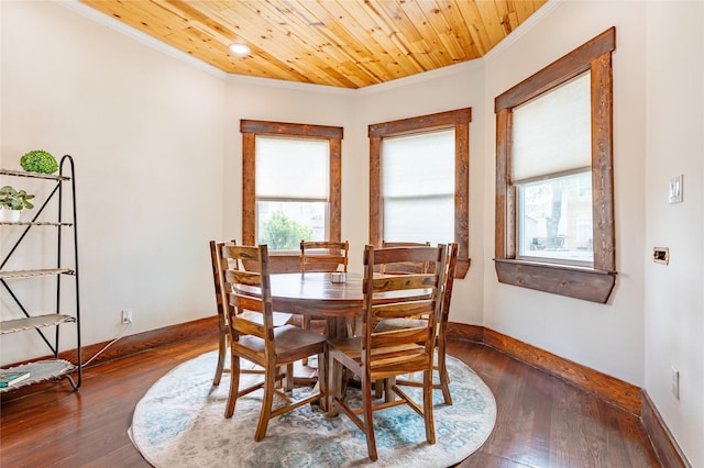 1828 Ursuline St, Galveston, TX 77550 - dining area featuring crown molding, wood-type flooring, baseboards, and wooden ceiling