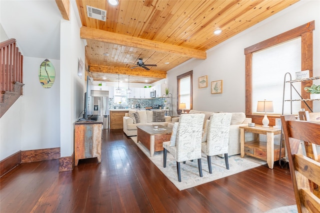 1828 Ursuline St, Galveston, TX 77550 - living room featuring dark wood-style floors, a ceiling fan, beamed ceiling, baseboards, and stairs