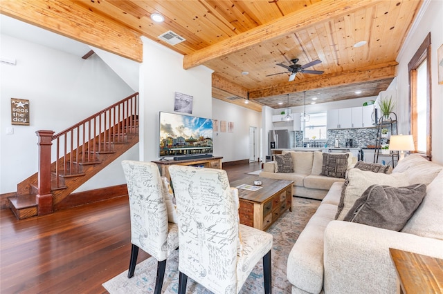 1828 Ursuline St, Galveston, TX 77550 - living room featuring wood-type flooring, wood ceiling with exposed beams, ceiling fan, stairs, and recessed lighting