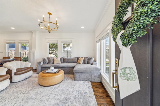 2229 Singleton St, Houston, TX 77008 - living room with crown molding, a chandelier, dark wood-style flooring, and recessed lighting