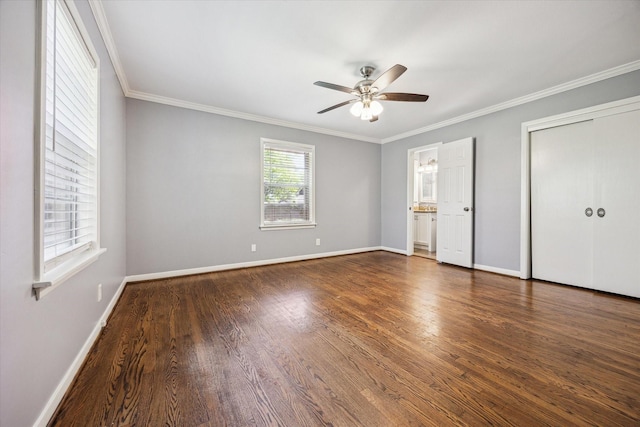 5227 Willowbend Blvd, Houston, TX 77096 - unfurnished bedroom featuring ornamental molding, wood finished floors, baseboards, and ceiling fan