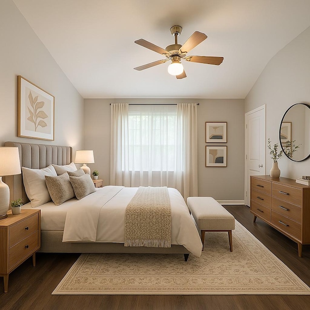 7340 Muffin Dr, Austin, TX 78724 - bedroom featuring vaulted ceiling, dark wood finished floors, a ceiling fan, and baseboards