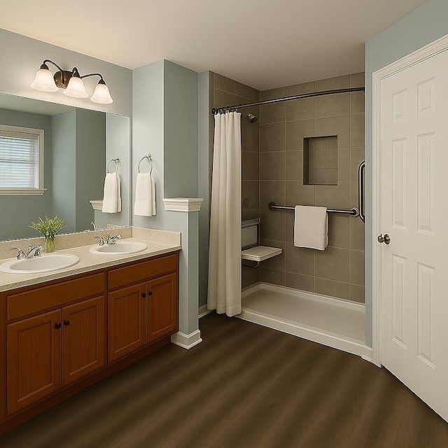 7340 Muffin Dr, Austin, TX 78724 - bathroom with wood finished floors, tiled shower, and double vanity