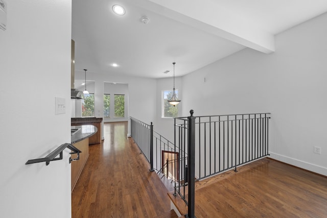 1226 Peden St, Houston, TX 77006 - hall with an upstairs landing, recessed lighting, dark wood-type flooring, and baseboards