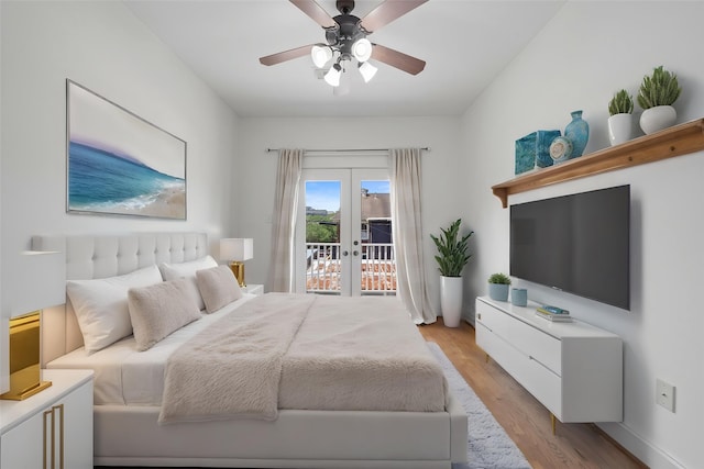 1226 Peden St, Houston, TX 77006 - bedroom with access to exterior, light wood-style flooring, french doors, and a ceiling fan