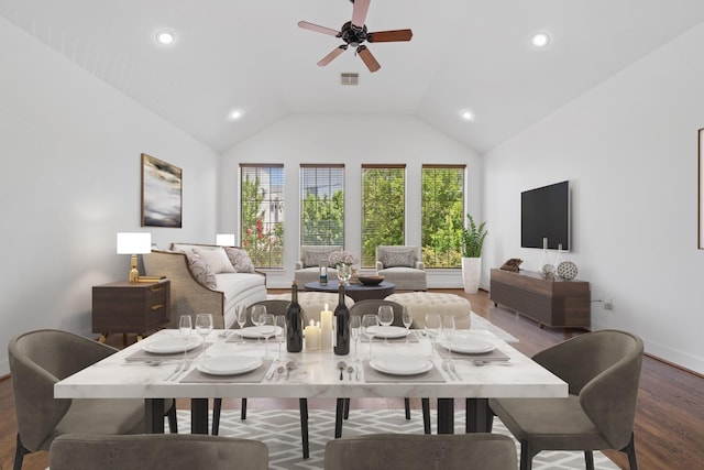 1226 Peden St, Houston, TX 77006 - dining area featuring wood finished floors, vaulted ceiling, a ceiling fan, recessed lighting, and baseboards