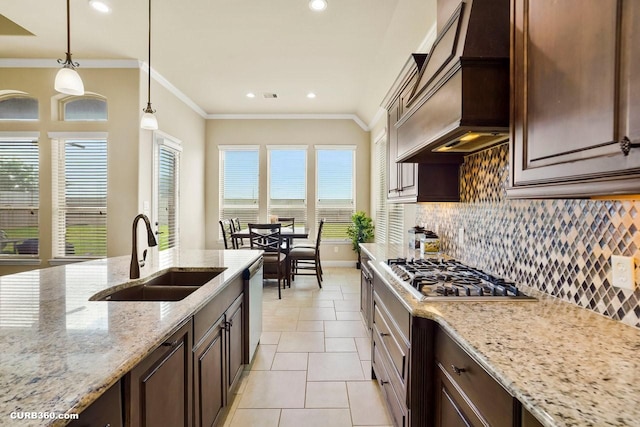 1522 Richland Hollow Ln, Friendswood, TX 77546 - kitchen with a sink, stainless steel appliances, custom exhaust hood, crown molding, and backsplash