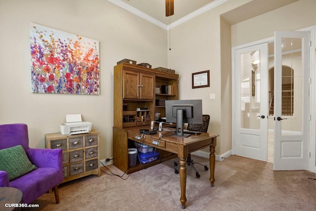 1522 Richland Hollow Ln, Friendswood, TX 77546 - home office with light carpet, crown molding, french doors, and a ceiling fan