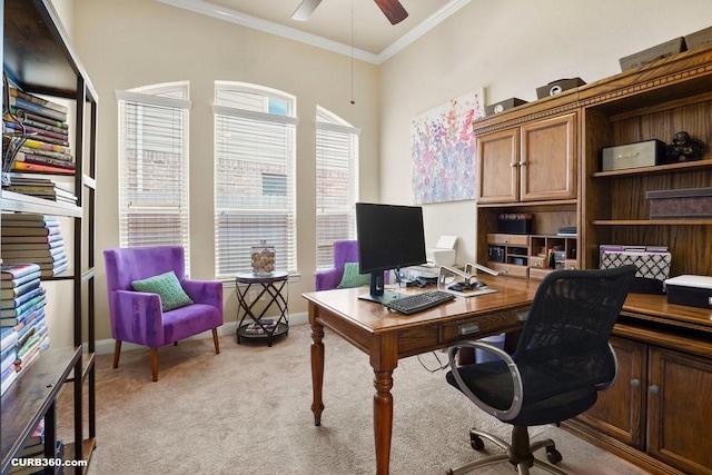 1522 Richland Hollow Ln, Friendswood, TX 77546 - office space with ornamental molding, light carpet, ceiling fan, baseboards, and a high ceiling
