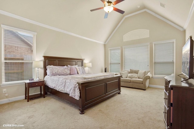 1522 Richland Hollow Ln, Friendswood, TX 77546 - bedroom featuring light carpet, vaulted ceiling, baseboards, and ceiling fan