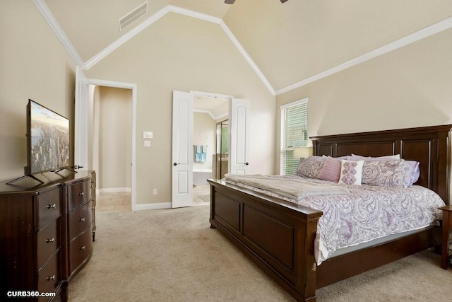 1522 Richland Hollow Ln, Friendswood, TX 77546 - bedroom featuring light colored carpet, ensuite bath, high vaulted ceiling, baseboards, and crown molding
