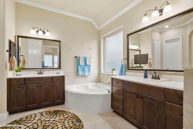 1522 Richland Hollow Ln, Friendswood, TX 77546 - bathroom with crown molding, a garden tub, two vanities, and tile patterned flooring