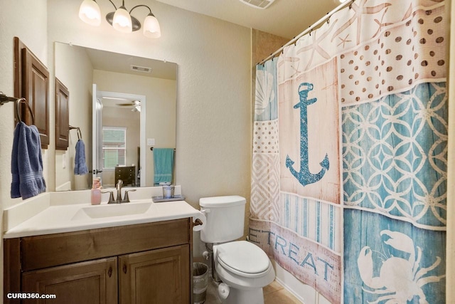 1522 Richland Hollow Ln, Friendswood, TX 77546 - bathroom featuring toilet, vanity, ceiling fan, a shower with curtain, and tile patterned floors