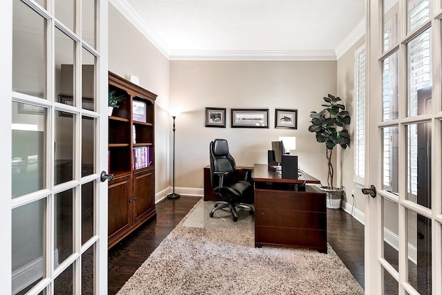 5702 Mustang Ridge Ln, Fulshear, TX 77441 - office area featuring french doors, baseboards, ornamental molding, and dark wood-style floors