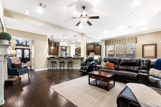 5702 Mustang Ridge Ln, Fulshear, TX 77441 - living area with ceiling fan, baseboards, dark wood-style floors, recessed lighting, and french doors