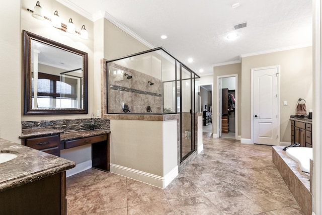 5702 Mustang Ridge Ln, Fulshear, TX 77441 - full bathroom with crown molding, a shower stall, vanity, a bath, and baseboards