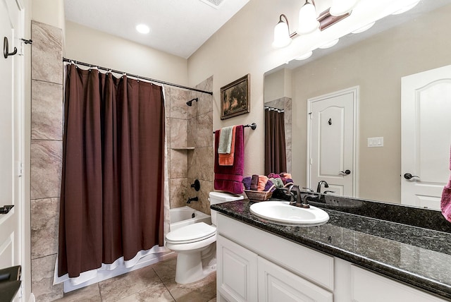 5702 Mustang Ridge Ln, Fulshear, TX 77441 - full bath featuring vanity, toilet, shower / tub combo with curtain, and tile patterned flooring