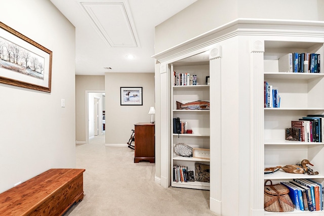 5702 Mustang Ridge Ln, Fulshear, TX 77441 - hallway featuring attic access, light carpet, and baseboards
