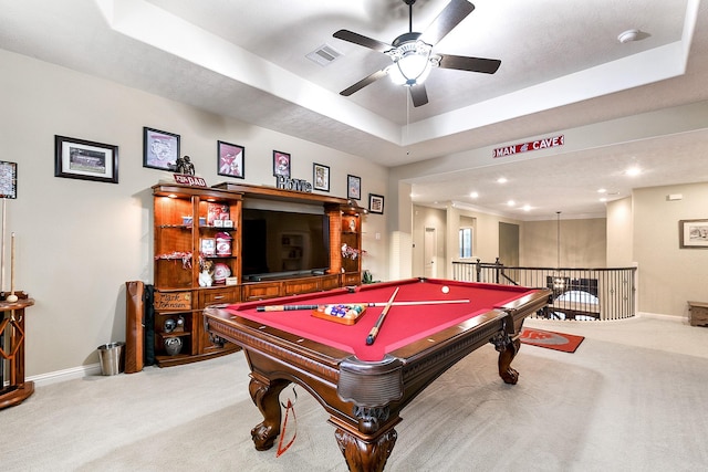 5702 Mustang Ridge Ln, Fulshear, TX 77441 - playroom featuring a raised ceiling, ceiling fan, carpet, baseboards, and pool table