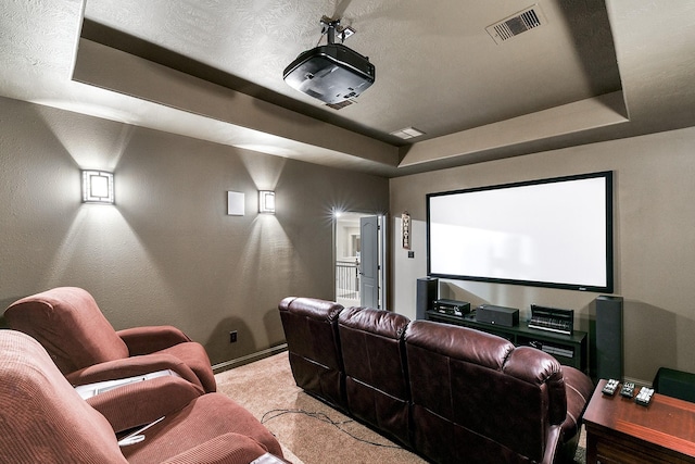 5702 Mustang Ridge Ln, Fulshear, TX 77441 - carpeted home theater with a tray ceiling and baseboards