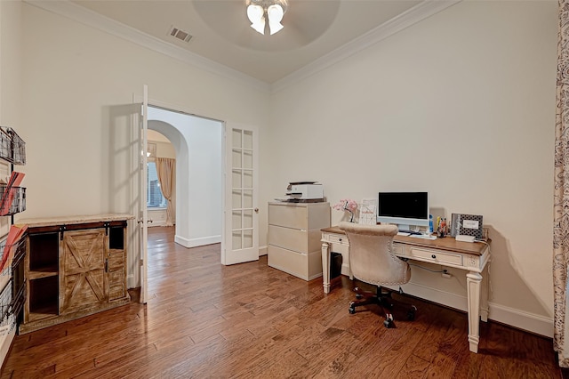 105 Checkerbloom Ct, Montgomery, TX 77316 - office area with crown molding, a ceiling fan, arched walkways, wood finished floors, and french doors