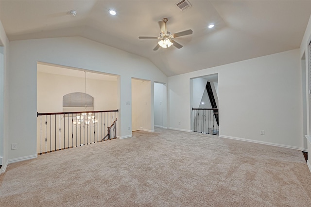 105 Checkerbloom Ct, Montgomery, TX 77316 - empty room featuring a ceiling fan, vaulted ceiling, recessed lighting, carpet floors, and baseboards
