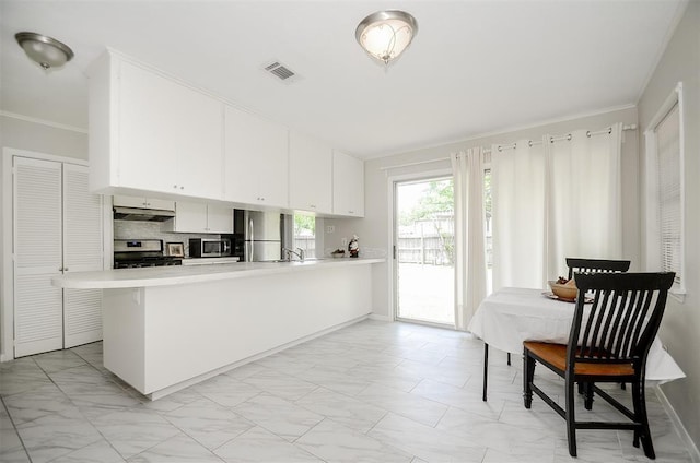 4410 Spellman Rd, Houston, TX 77035 - kitchen with light marble finish flooring, appliances with stainless steel finishes, under cabinet range hood, light countertops, and a peninsula