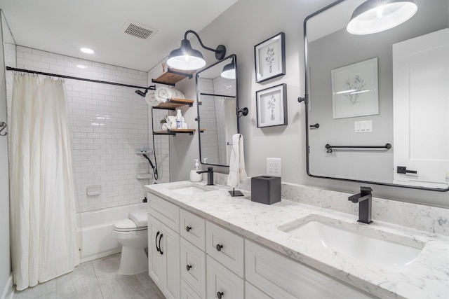 719 Fairfield St, Shoreacres, TX 77571 - bathroom with toilet, double vanity, and shower / bath combo with shower curtain