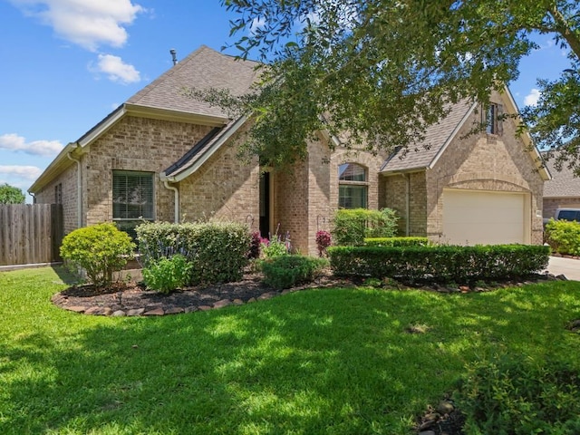 4510 Bonita Way, League City, TX 77573 - french country home featuring brick siding, an attached garage, a shingled roof, and driveway