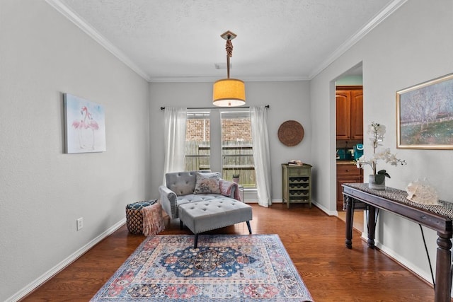4510 Bonita Way, League City, TX 77573 - living area with dark wood finished floors, ornamental molding, a textured ceiling, and baseboards