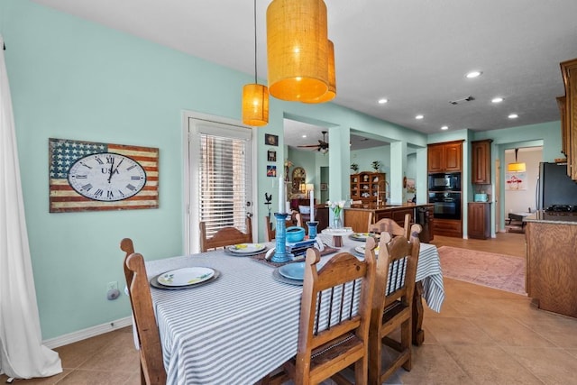 4510 Bonita Way, League City, TX 77573 - dining space with light tile patterned floors, ceiling fan, recessed lighting, and baseboards
