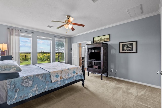 4510 Bonita Way, League City, TX 77573 - carpeted bedroom with crown molding, baseboards, a ceiling fan, and a textured ceiling