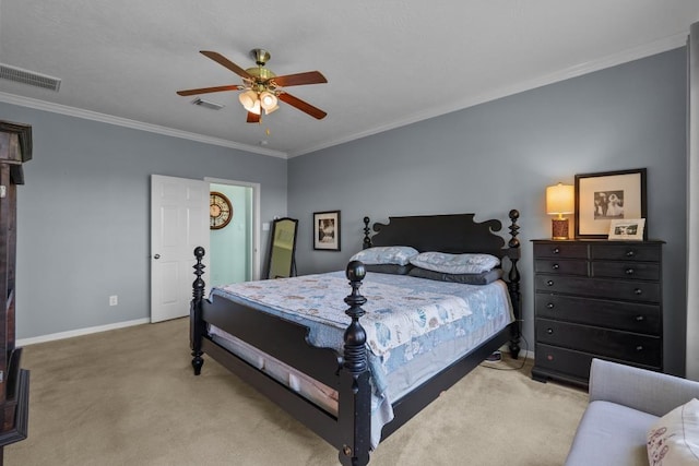 4510 Bonita Way, League City, TX 77573 - bedroom featuring crown molding, baseboards, light colored carpet, and a ceiling fan