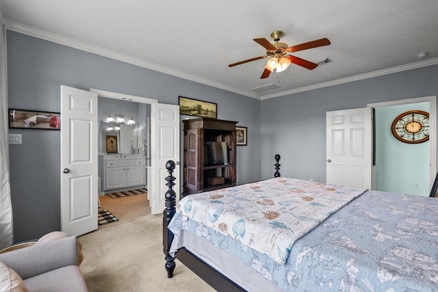 4510 Bonita Way, League City, TX 77573 - bedroom with crown molding, light colored carpet, ensuite bathroom, and a ceiling fan